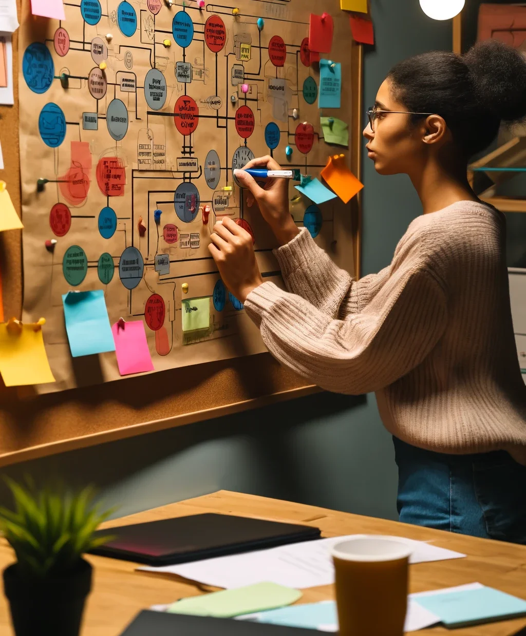 A social worker working on a colorful and visually engaging concept map pinned up to a wall, with no words on the map. The concept map features various topics connected by lines and arrows, and the social worker is focused, using sticky notes, markers, and pins to add and organize information. The vibrant and dynamic study space is set in a cozy room with warm lighting, creating an inviting environment conducive to study.