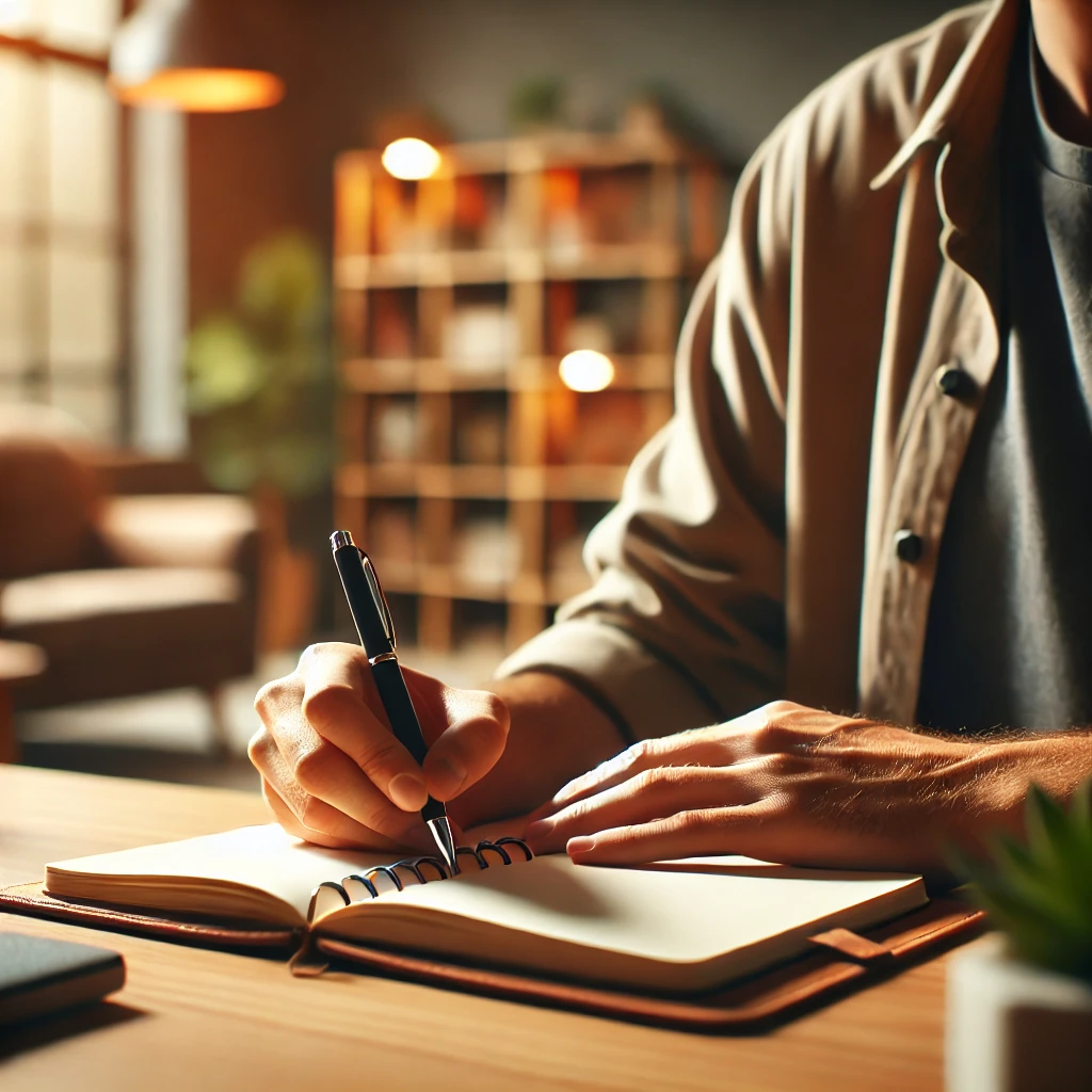 A social worker writing in a reflective journal. The setting is warm and peaceful, with the social worker thoughtfully engaged in the writing process, surrounded by plants and bookshelves. The atmosphere is calm and reflective, highlighting a moment of introspection and personal growth.