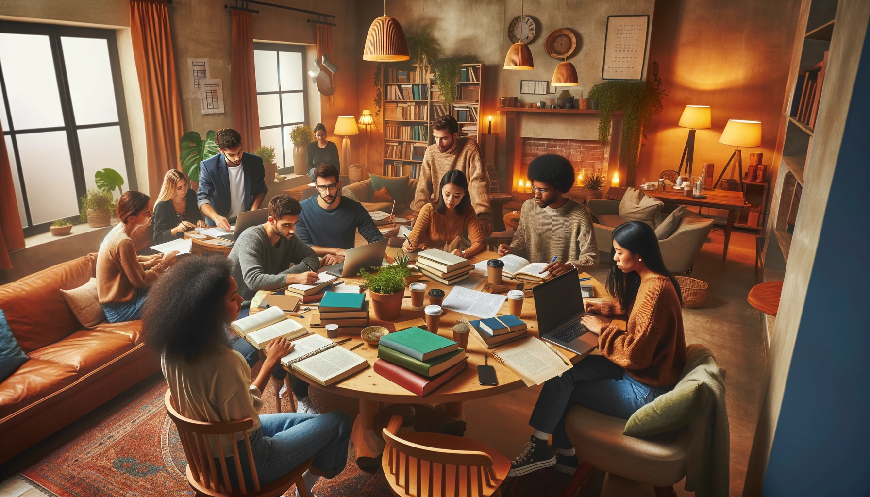 A study group of diverse social workers preparing for an exam together in a warm, inviting environment. The setting includes a cozy room with comfortable seating, a large table filled with books, laptops, and notebooks. The social workers are engaged in collaborative activities such as discussing case studies, sharing notes, and using a whiteboard, creating a focused, engaged, and supportive atmosphere.