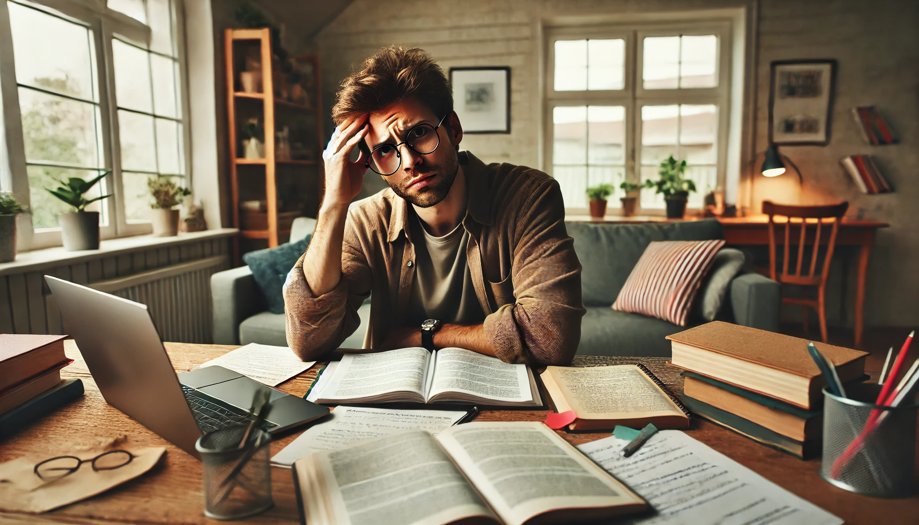 An adult with dyslexia having difficulty studying in a home environment. The image captures the frustration and challenges associated with reading and comprehension.