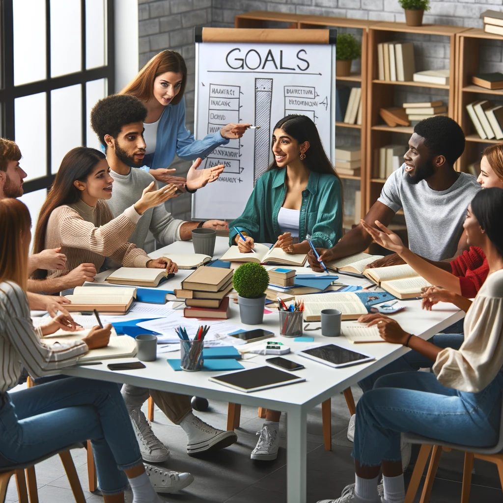 A group of diverse social workers animated and engaged, with lively discussions and expressions of enthusiasm, as they set clear goals for their study session and assign roles. The collaborative and energetic atmosphere is evident, enhancing the productivity of their group study.