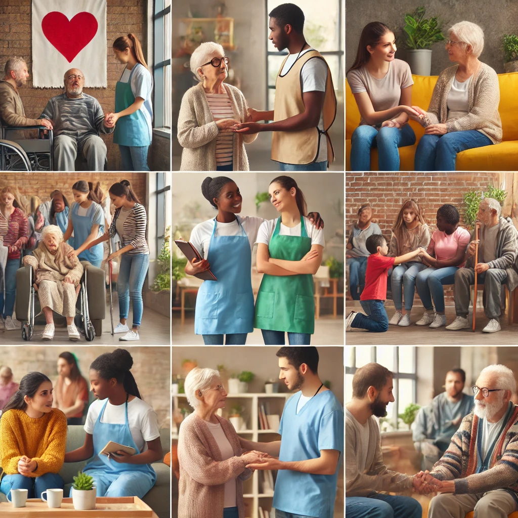 Diverse social workers volunteering in the community. They are engaging in various activities such as mentoring youth, assisting elderly people, and supporting individuals at a homeless shelter, all in a vibrant and welcoming community center. This scene reflects diversity, inclusion, and a positive community atmosphere.