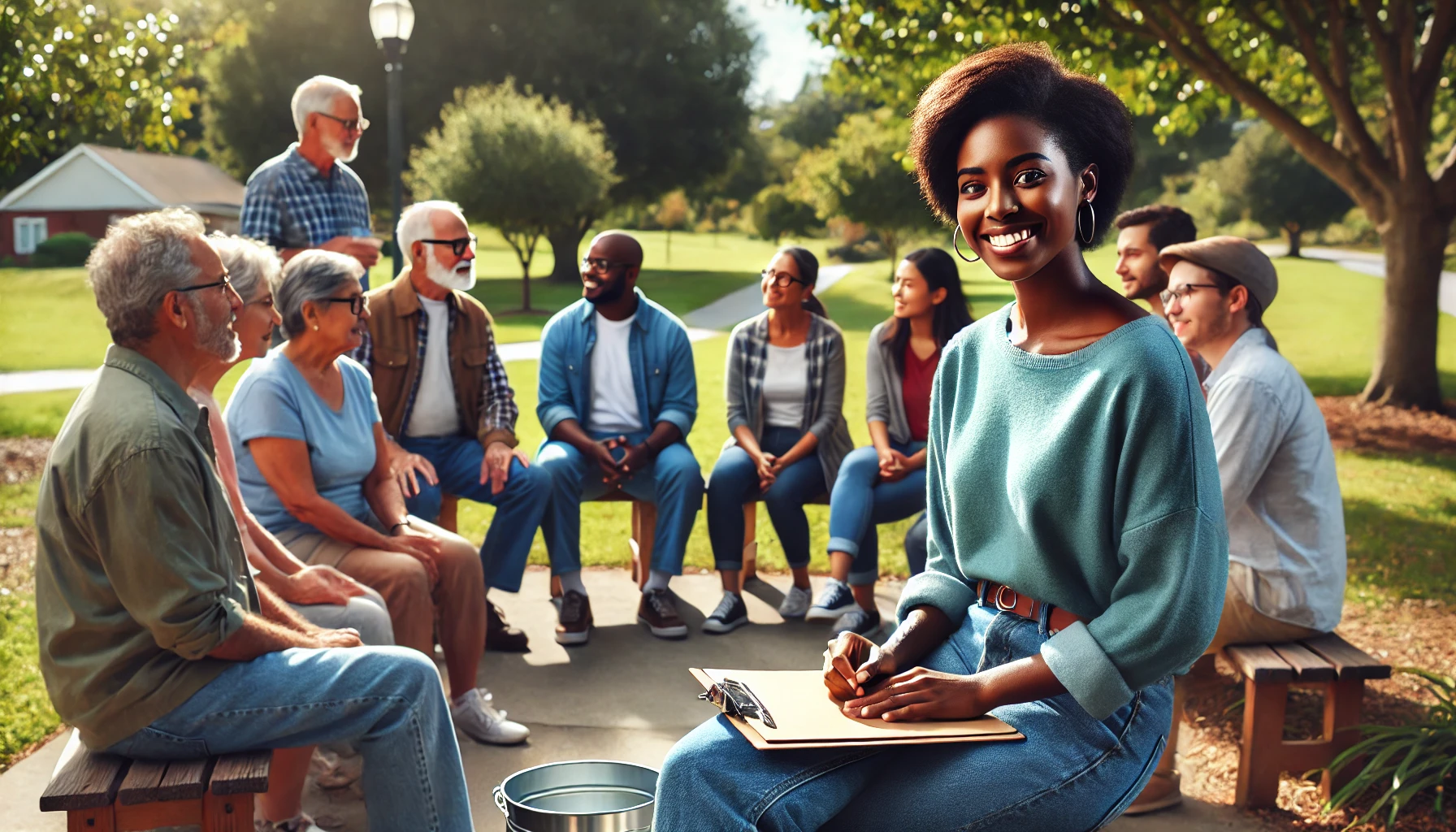 A diverse female social worker meeting with the community outside in Alabama. The setting is a sunny day in a park, with people of various ages and backgrounds engaged in conversation, creating a welcoming and inclusive atmosphere. The social worker is actively listening and holding a clipboard, embodying the spirit of community engagement and support.