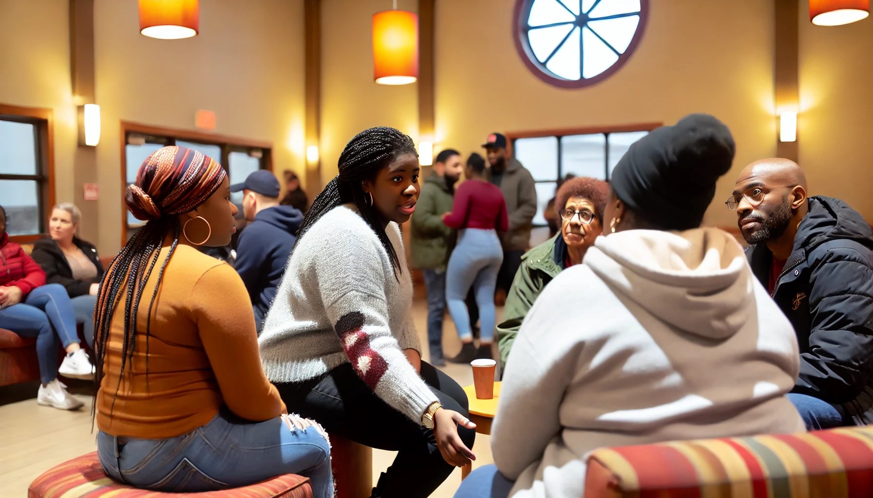 A black female social worker in casual attire meeting with community members indoors in Massachusetts. The setting is a community center with warm lighting and comfortable seating, fostering a supportive and welcoming atmosphere. The social worker is actively engaging with a diverse group of people, creating a sense of community and support.