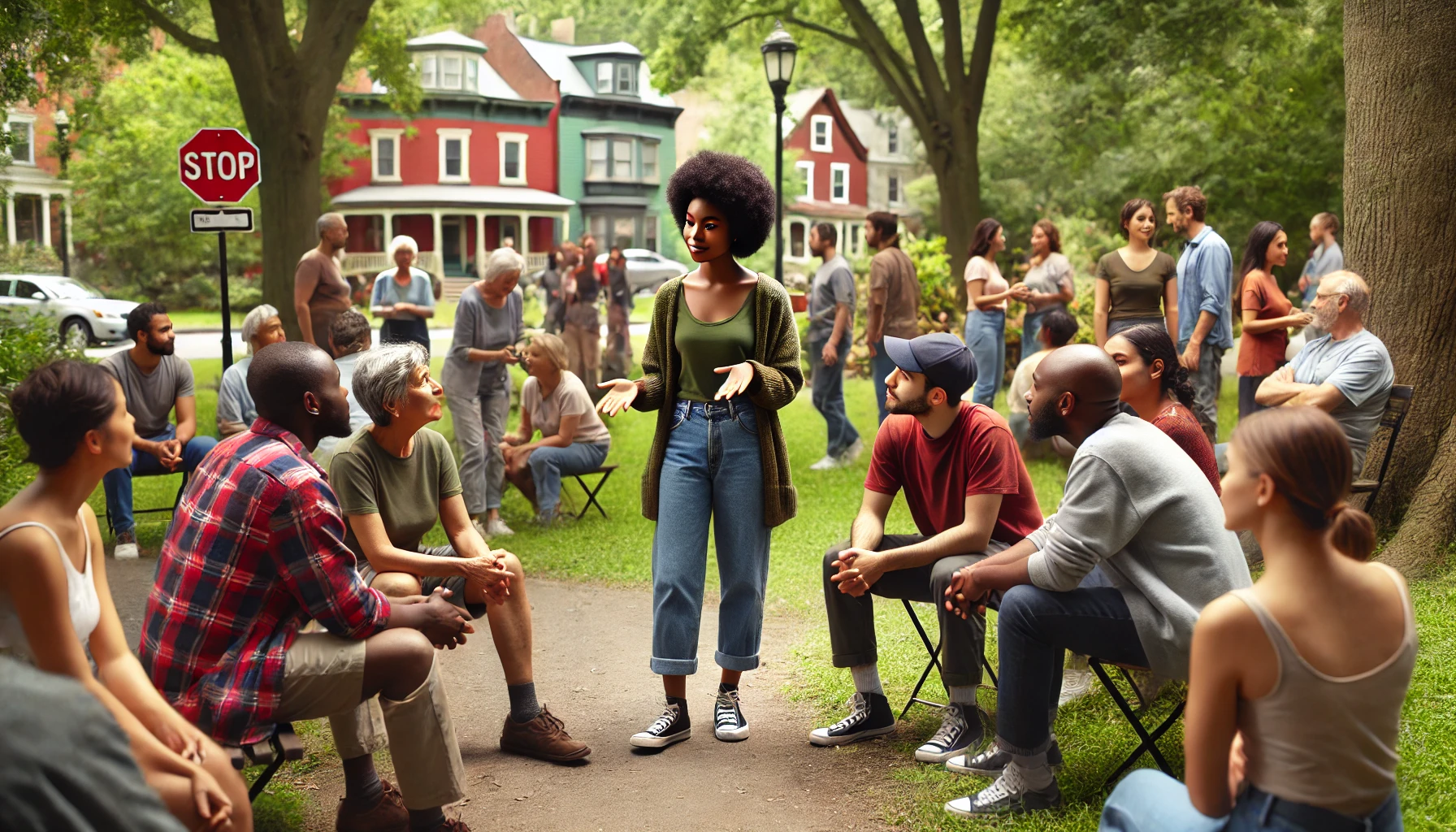 A black female social worker in casual attire meeting with community members outside in Massachusetts. The scene is set in a park with greenery and trees, featuring a mix of men, women, and children engaging in conversation and activities, creating a warm and welcoming atmosphere.