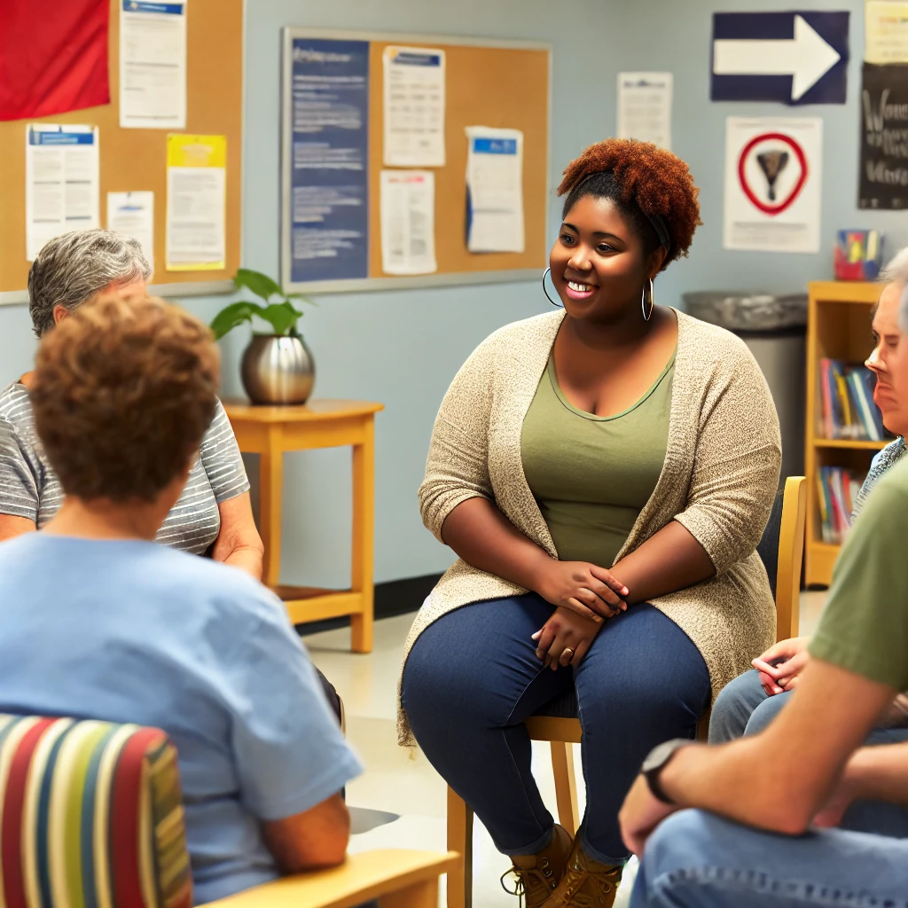A casual female social worker meeting with community members indoors in Virginia. The scenes show a relaxed atmosphere in a community center or office setting, capturing a sense of collaboration, support, and community engagement.