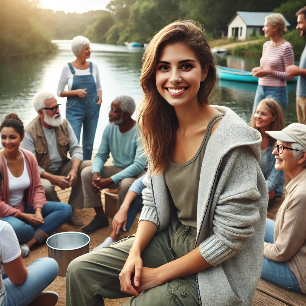 A casual female social worker meeting with the community by the water in North Carolina. The atmosphere is friendly and relaxed, with people engaging in conversation and activities near a lake or river with trees in the background. The social worker is warmly interacting with the community members.