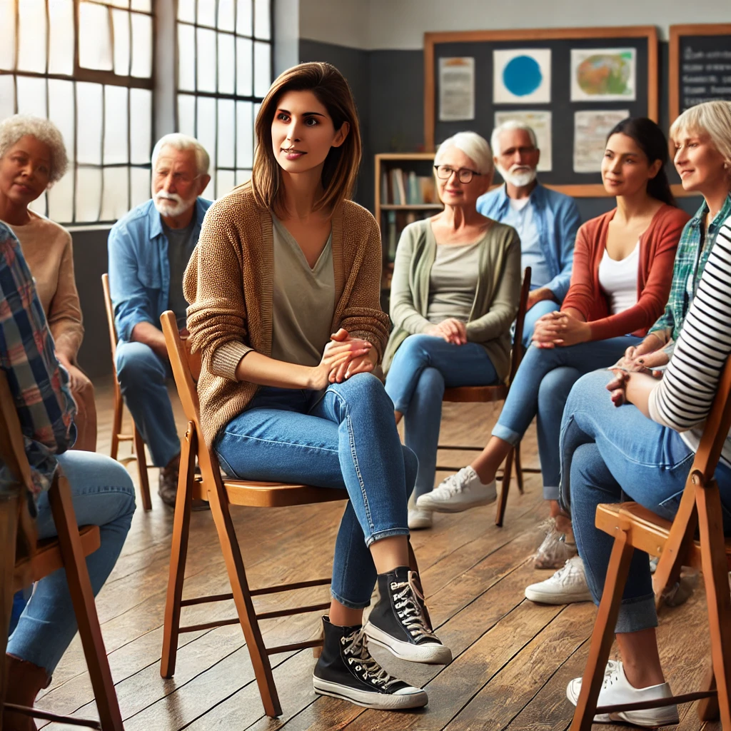 A casual female social worker meeting with the community indoors in Pennsylvania, set in a community center. The social worker is engaging warmly with a diverse group of community members, fostering a vibrant and inclusive environment. The background features typical indoor elements like bulletin boards, windows, and community posters.