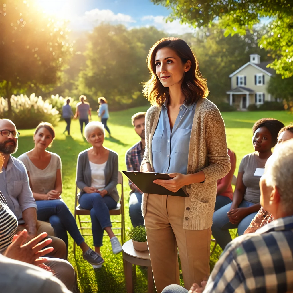 A casual female social worker meeting with the community outside in Virginia. The scene showcases the social worker dressed in business casual attire, engaging warmly with a diverse group of community members in a park setting, surrounded by lush greenery and a sunny sky. The image captures a sense of collaboration, support, and community engagement.