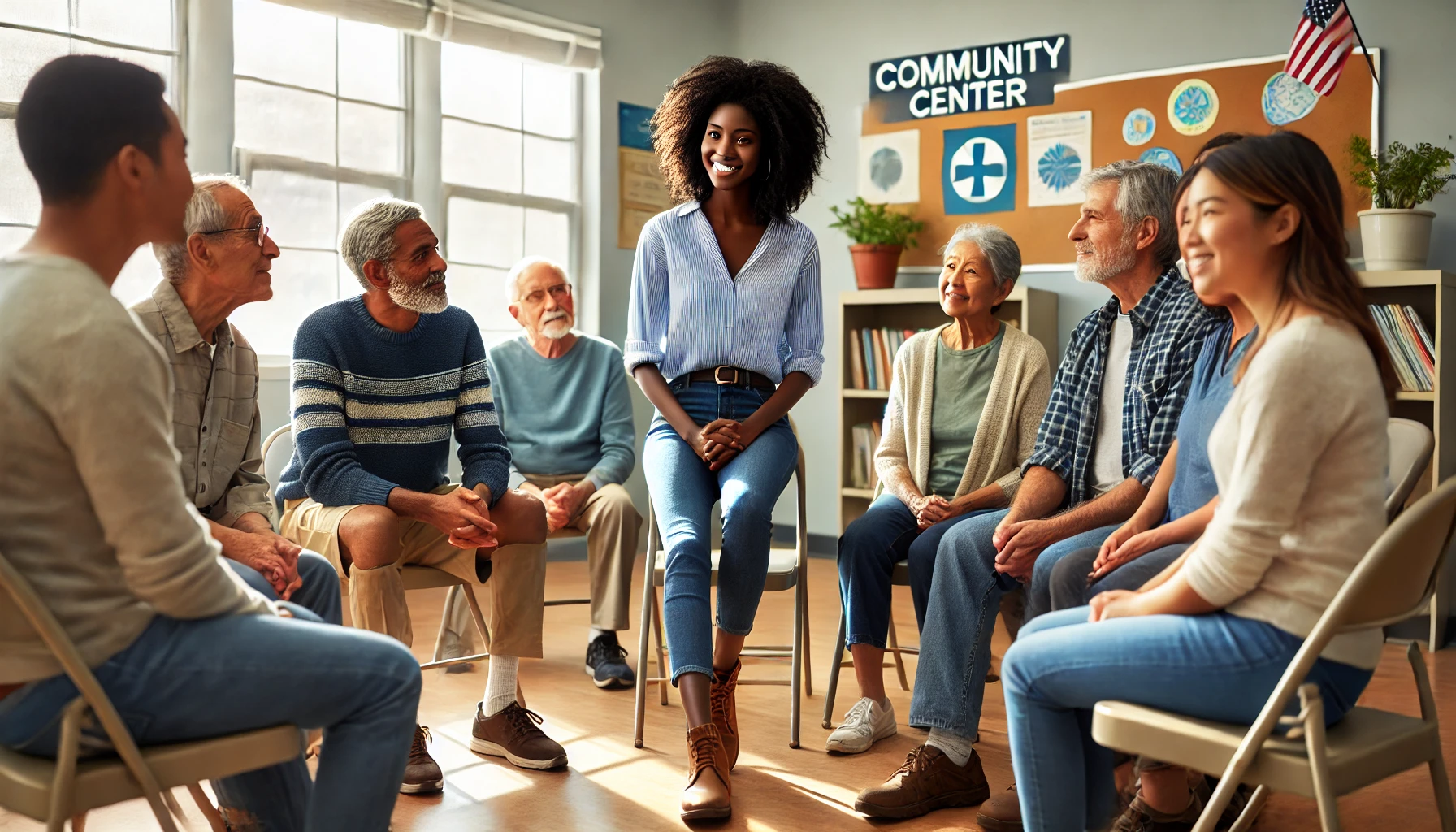 A Black casual social worker meeting with the community inside a community center in Maryland