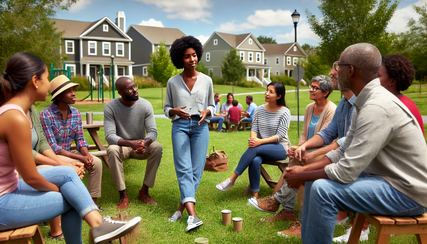 A casual social worker, a Black female, meeting with a diverse group of community members outside in Maryland. The setting is a pleasant day in a park