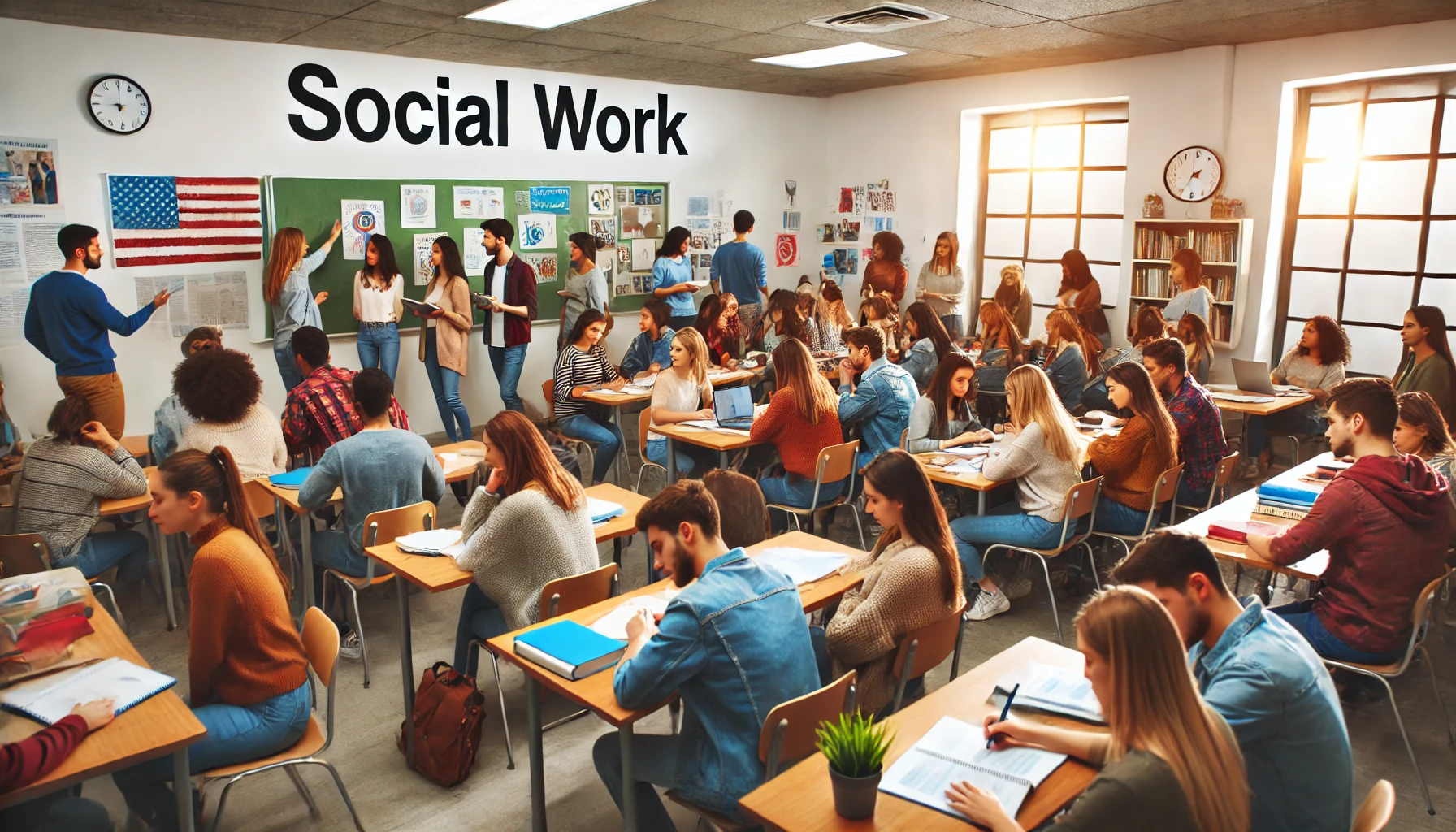 A classroom full of diverse students learning about social work. The inclusive and collaborative environment showcases students of various ages, ethnicities, and genders, engaged in discussions and learning activities related to social work.
