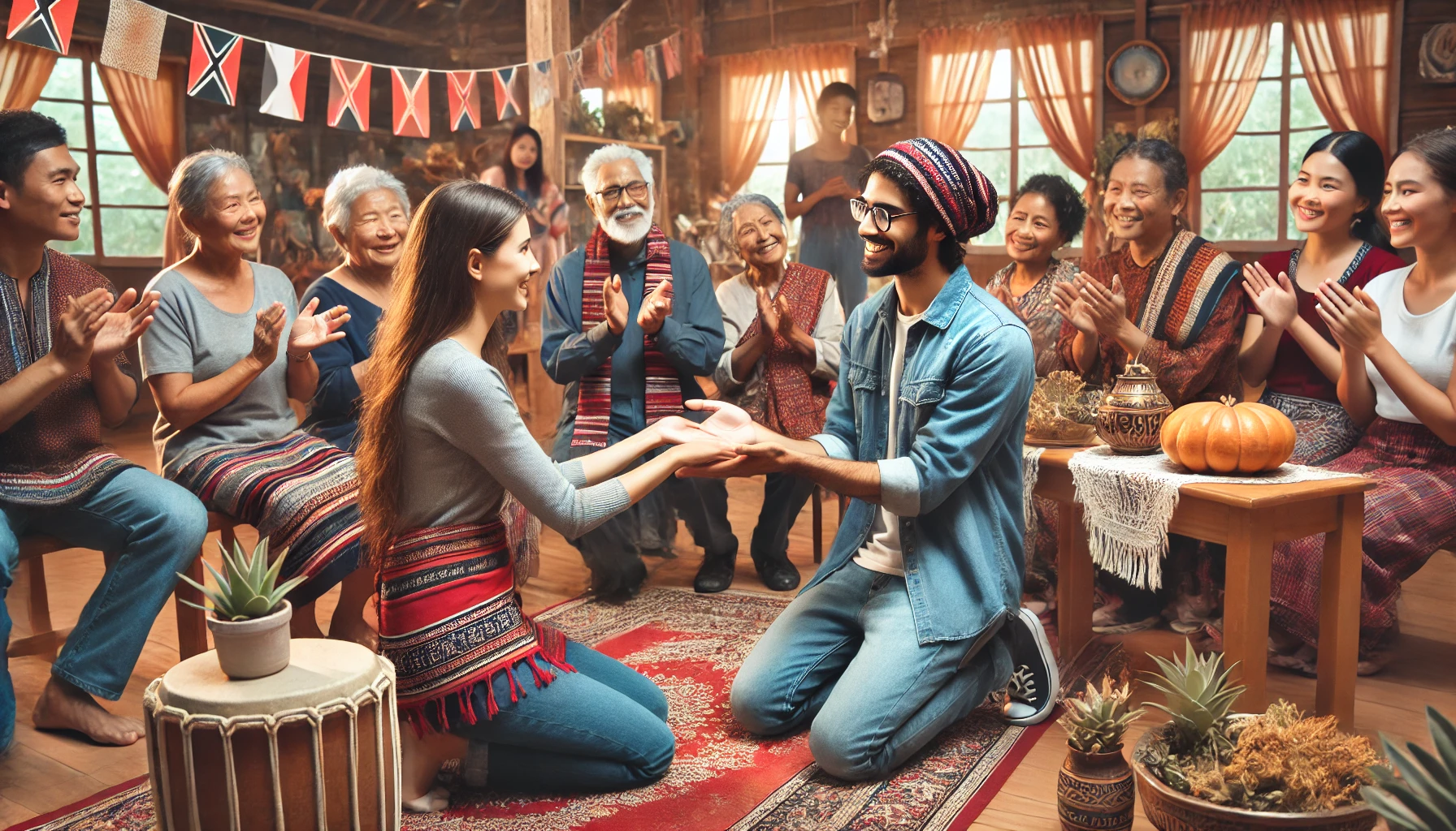 A community social worker interacting with members of a diverse community, respecting and participating in the community's traditions. The scene highlights mutual respect and cultural competence, showing the social worker engaged in traditional activities, fostering joy and connection within the community.