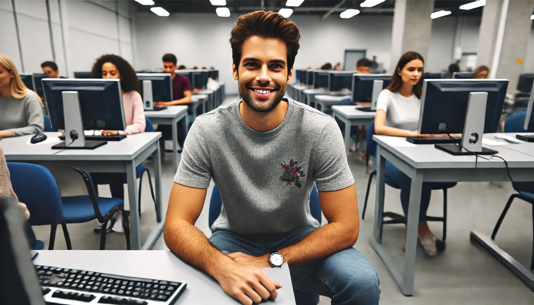 A confident social worker in casual attire, sitting in front of a computer at a testing center.