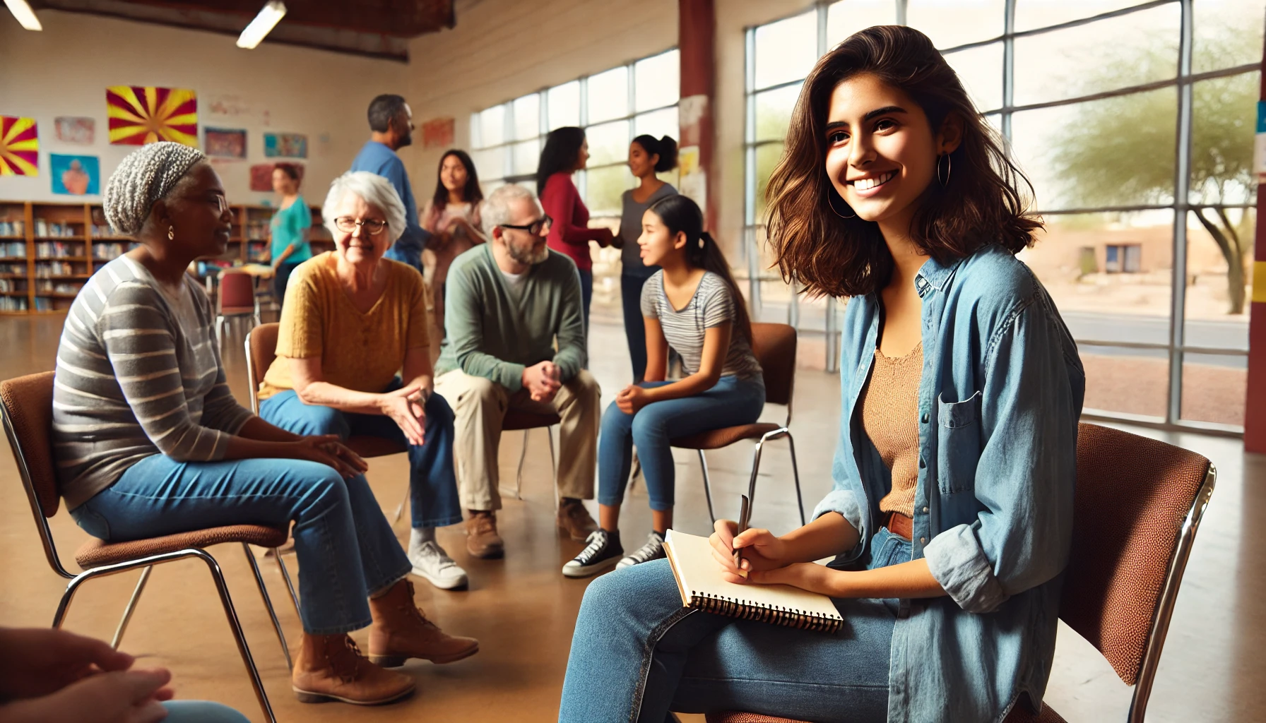 A diverse female social worker meeting with community members indoors in Arizona. The scene captures a warm and friendly interaction in a community center setting.