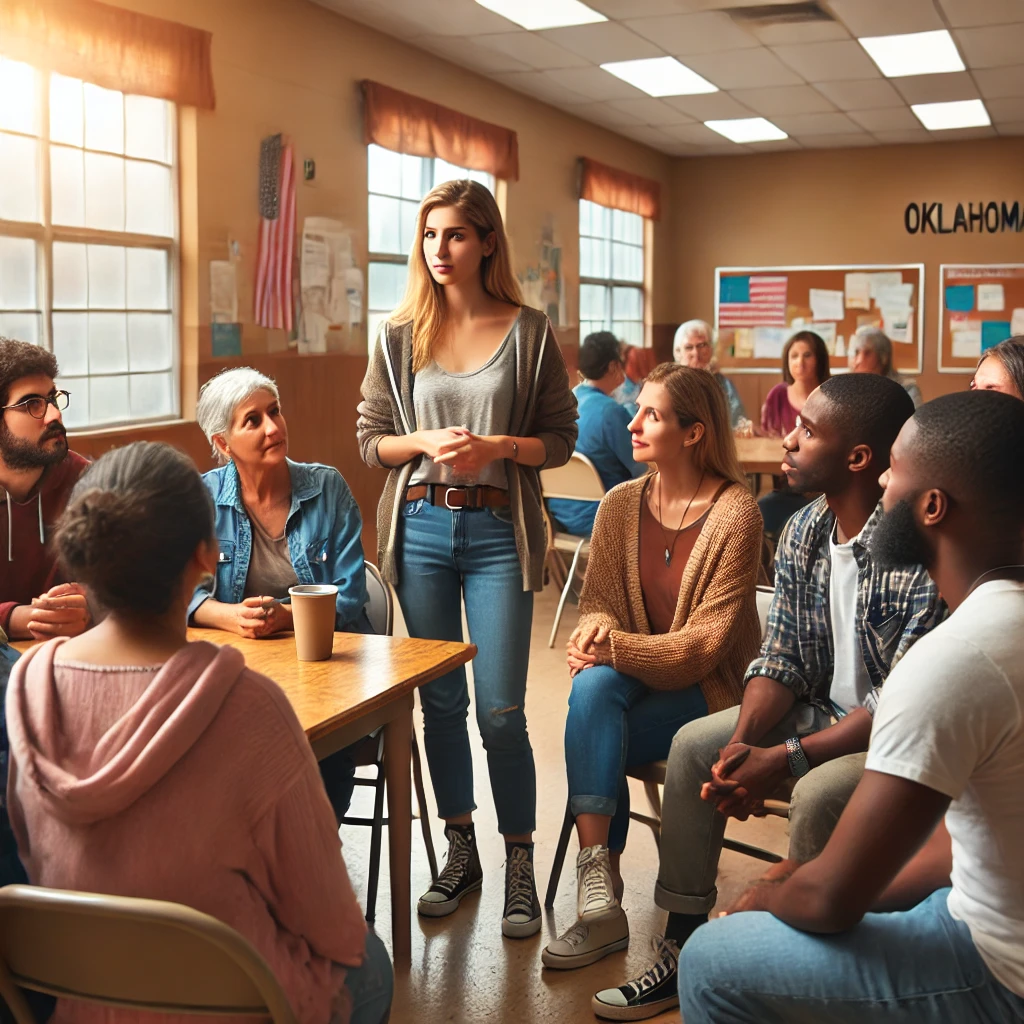Diverse female social worker meeting with community members in Oklahoma. The setting features a community center with tables, chairs, and notice boards, creating a warm and welcoming atmosphere as the social worker engages with the community members.