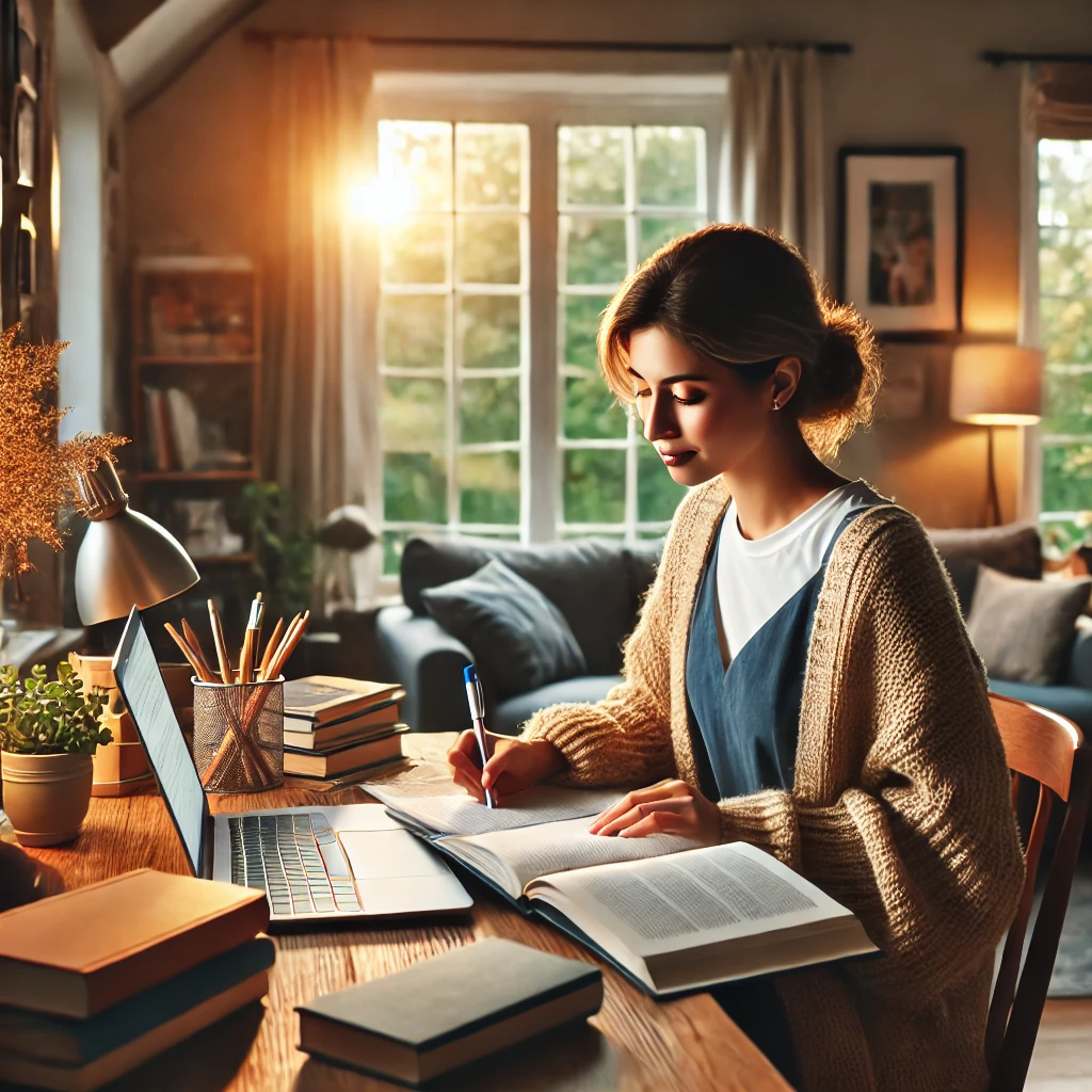A diverse female social worker studying for an exam in a cozy environment. The setting is warm and inviting, perfect for focused study.