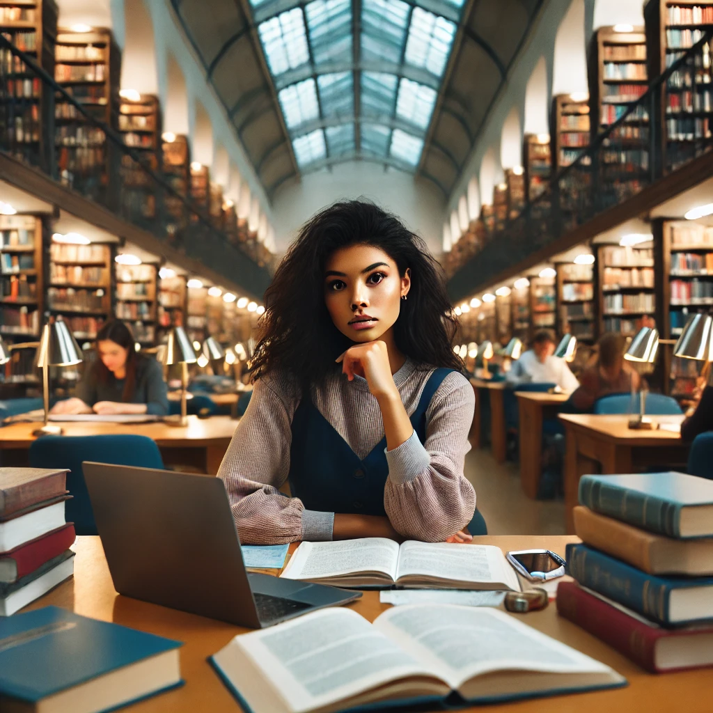 A diverse female social worker studying very hard for an exam in a library environment. The setting is conducive to focused and serious study, with plenty of books and a quiet atmosphere.