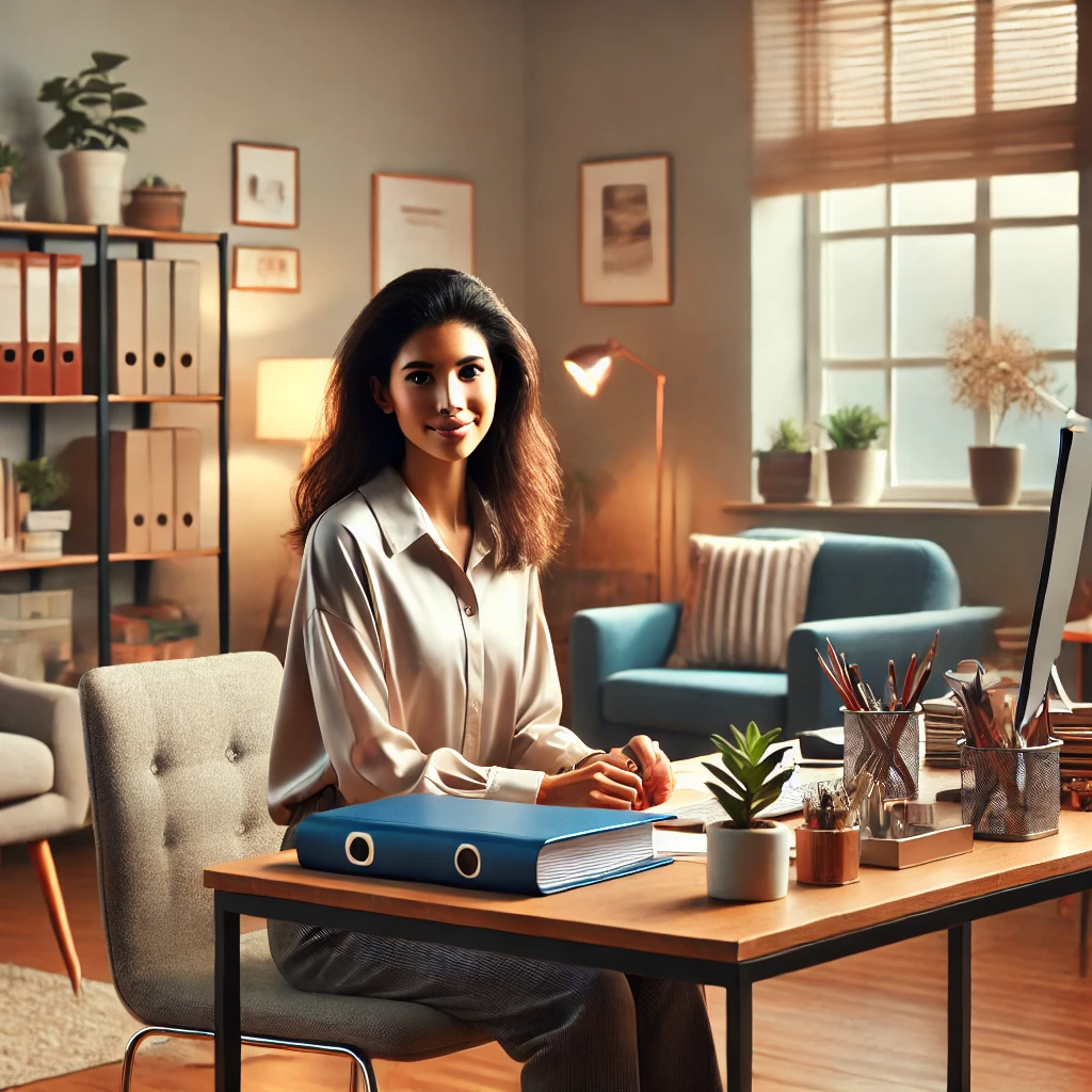 A diverse female social worker therapist managing her private practice at a desk. The room is cozy and well-lit with soft, ambient lighting. The therapist is seated at a neatly organized desk with a computer, files, and office supplies, appearing professional yet approachable. The room features comfortable chairs for clients, bookshelves, plants, and framed artwork, creating a welcoming atmosphere. The therapist is focused on her work, illustrating the balance of administrative duties and client care in a private practice.