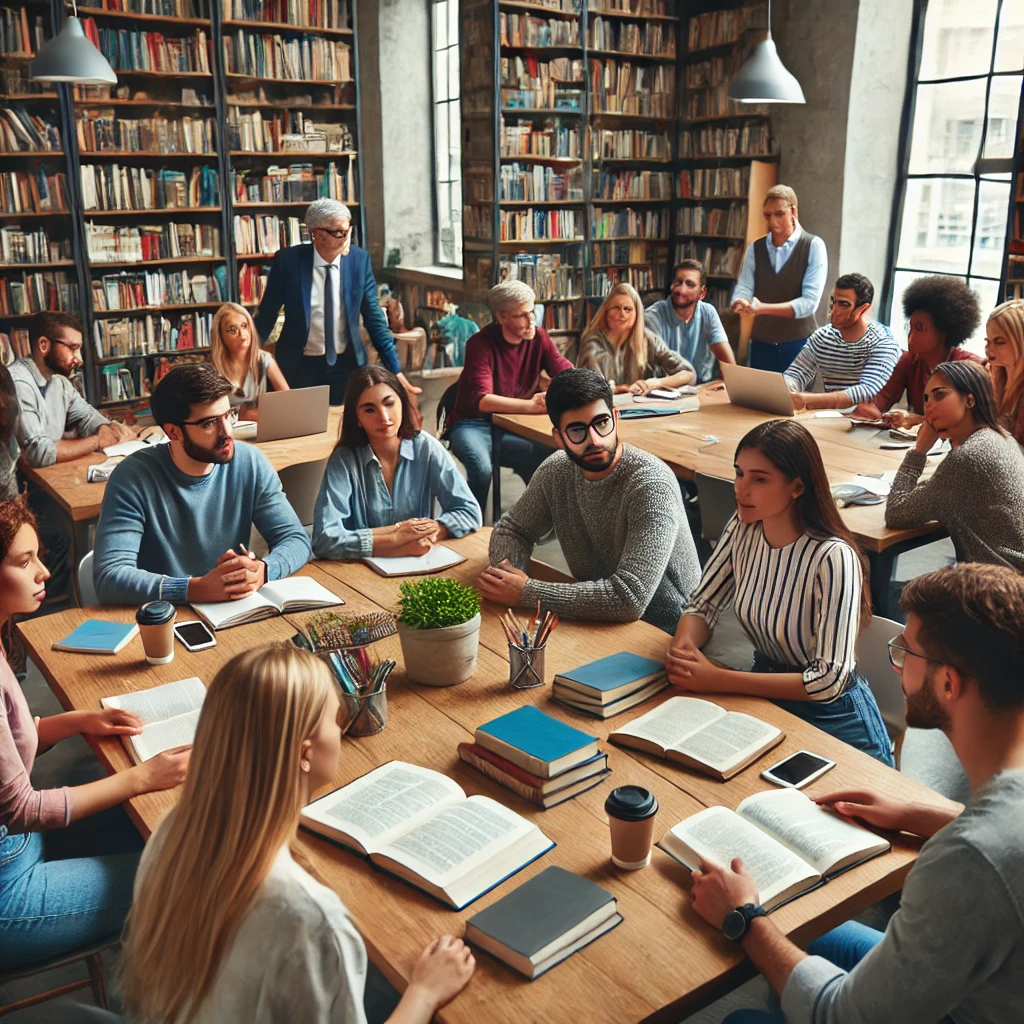 A diverse peer review group studying in a library. It captures the collaborative and engaging atmosphere of a study session, with participants actively discussing and sharing ideas.