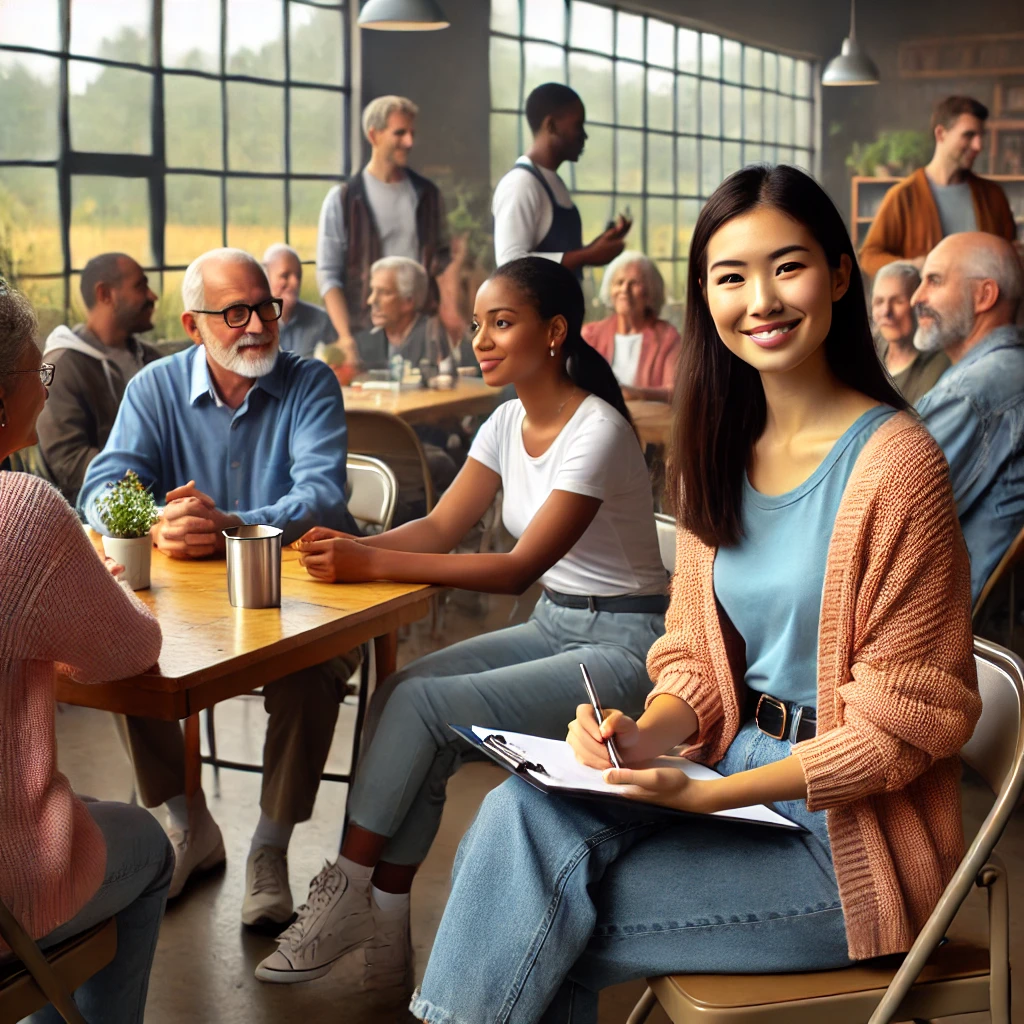 A diverse group of social workers, including a female social worker with natural-looking eyes and facial expressions, meeting with the community in Oregon. The setting is a community center with large windows letting in natural light, and the atmosphere is warm and friendly with people engaging in conversation.
