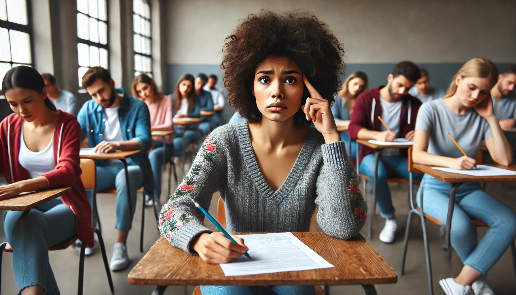 A diverse group of social workers taking an exam, with one social worker looking particularly confused