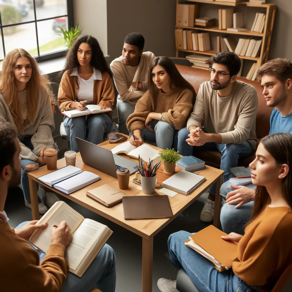 A diverse group of social workers sitting together in a study group, discussing and preparing for an exam