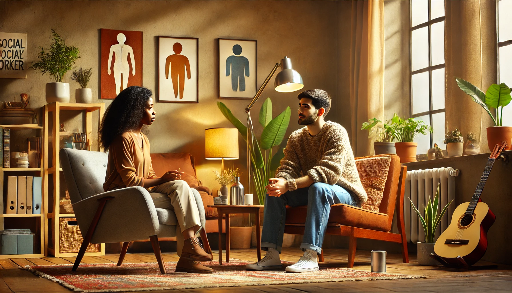 A diverse person sitting in a cozy therapy setting, engaging in a conversation with a social worker. The scene reflects empathy, trust, and understanding, highlighting the importance of inclusive and supportive social work practices.