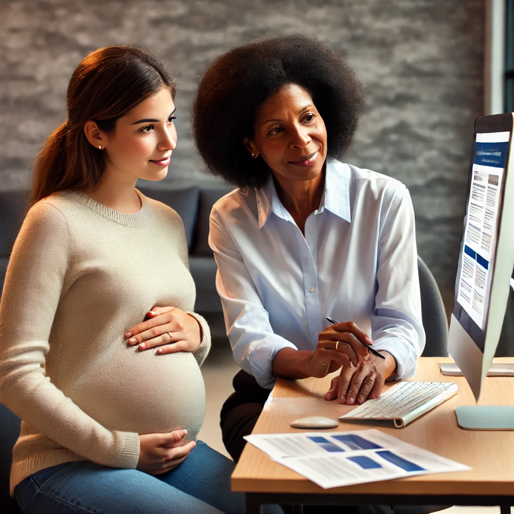 A diverse social worker helping a pregnant client research housing options in a modern office setting. The social worker is attentively listening and taking notes while the pregnant client points at the computer screen.