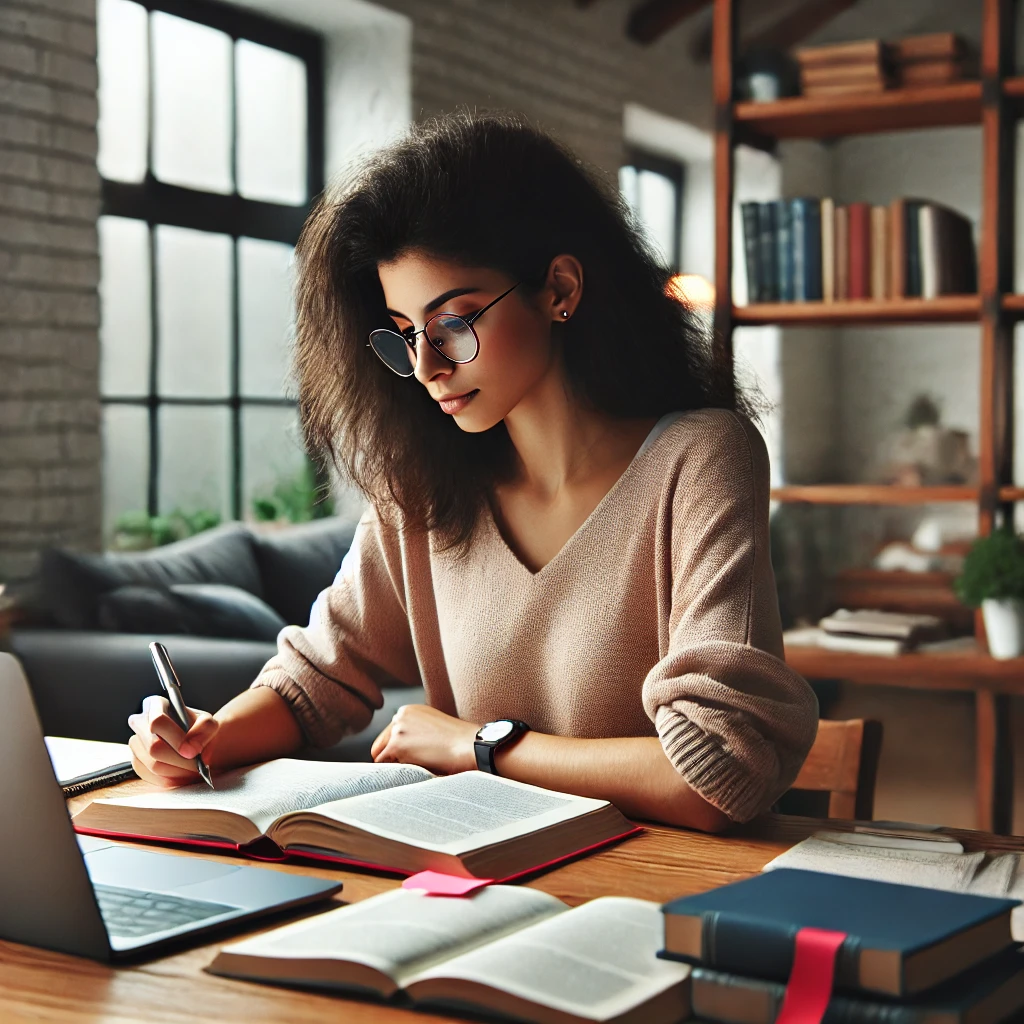 A diverse social worker actively engaged in studying in a focused environment. The scene captures the dedication and determination necessary for effective exam preparation