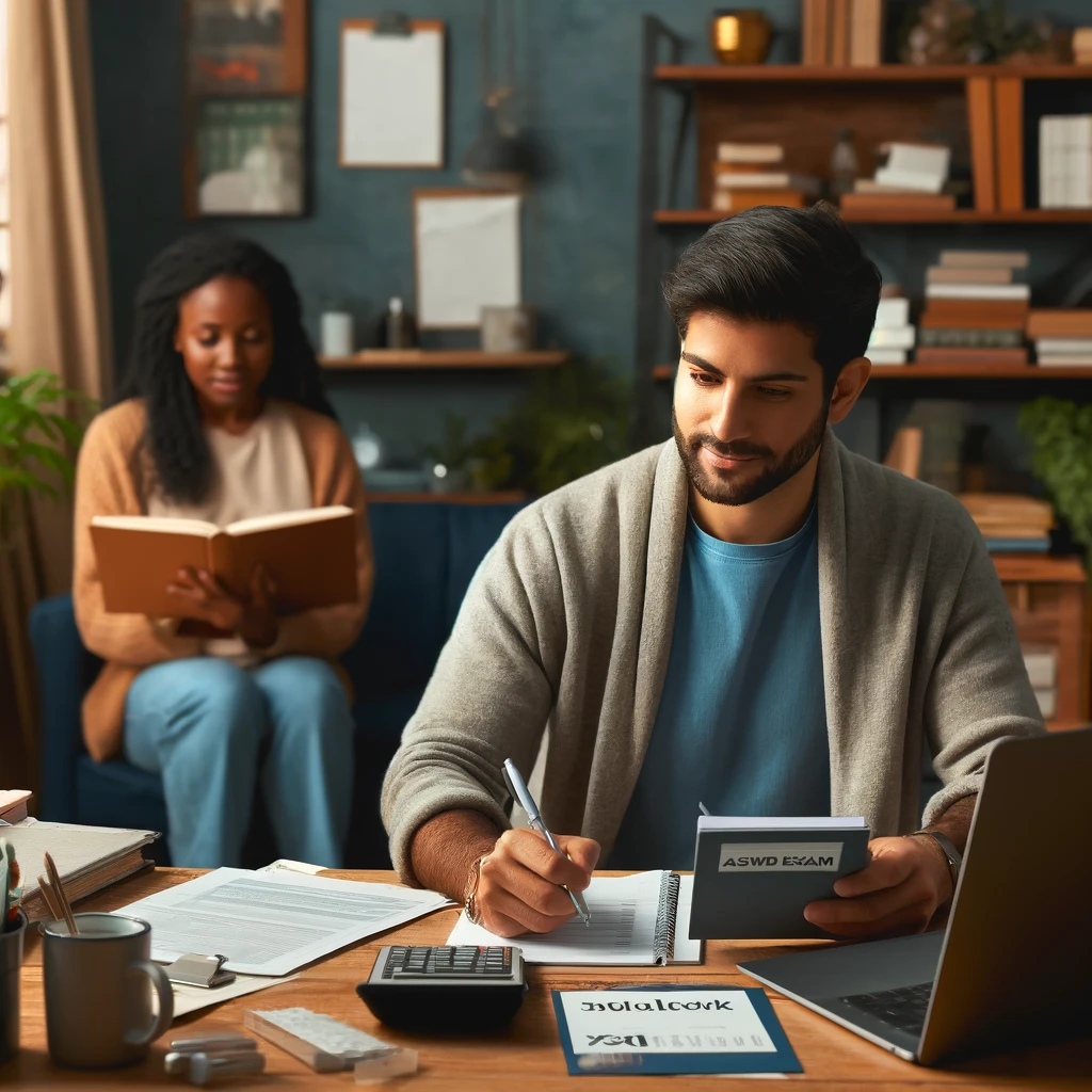 A diverse social worker budgeting for ASWB exam costs, without any text. The scene captures the focus and organization in a warm and professional setting, perfect for planning finances effectively.