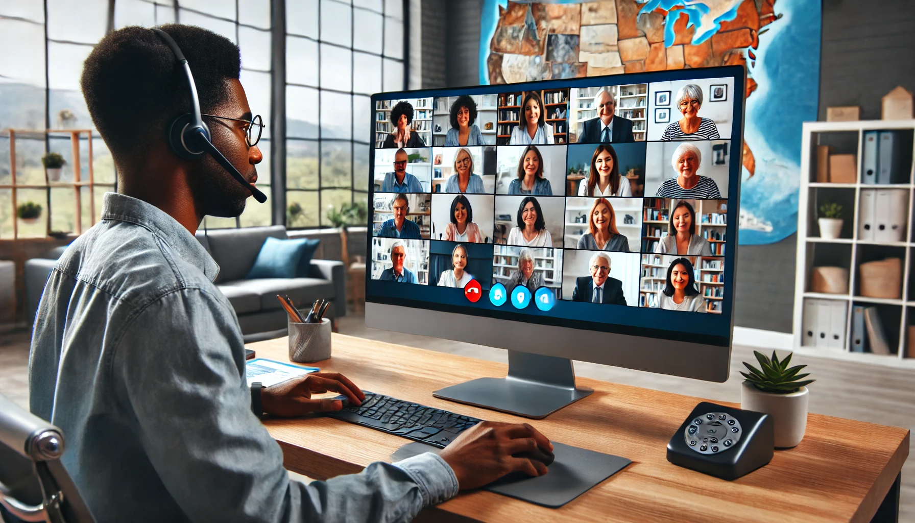 A diverse social worker conducting a telehealth session with clients from multiple states. This visual represents the accessibility and reach of telehealth services, showcasing clients of various ages, ethnicities, and backgrounds participating in a session from their respective homes.