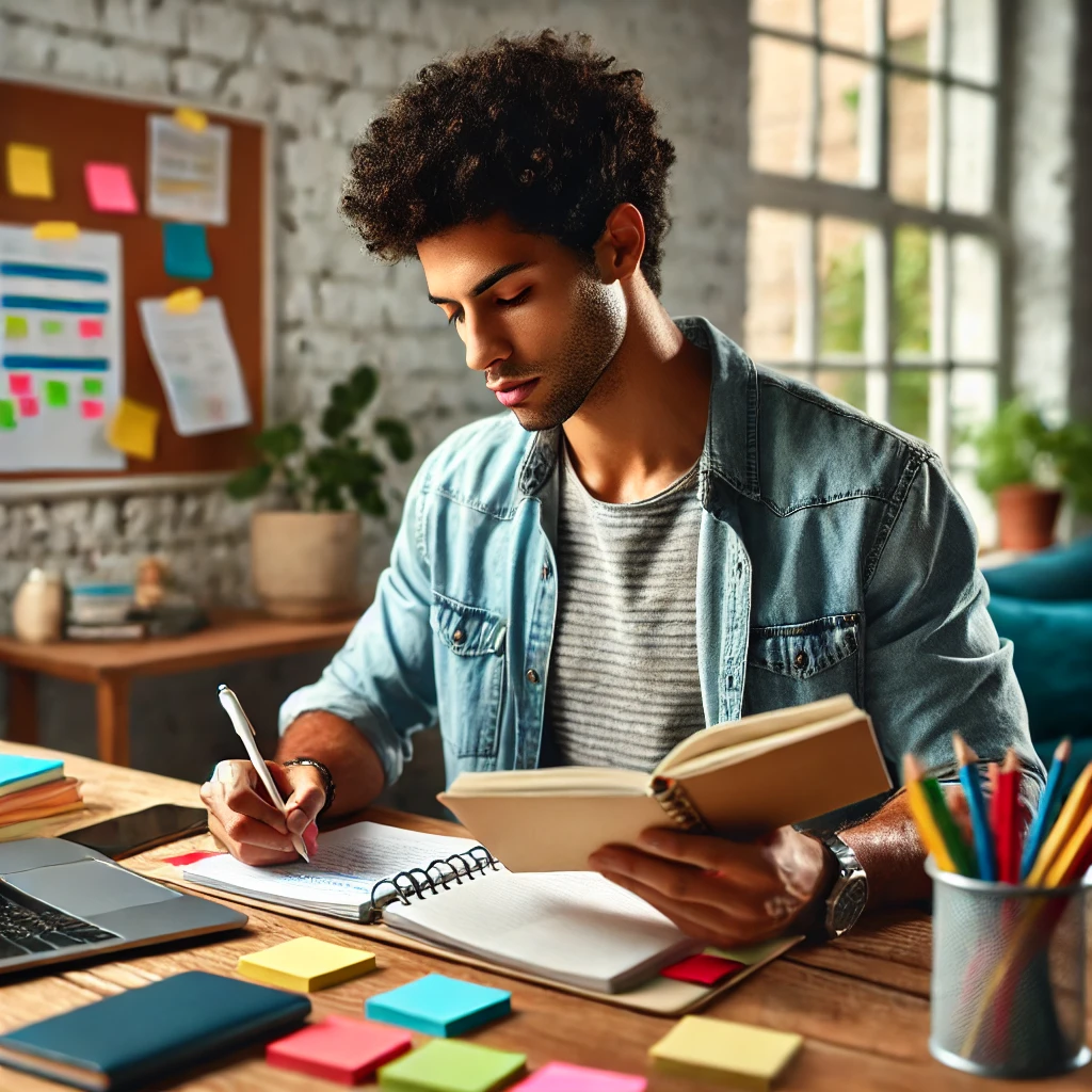 A diverse social worker creating a study schedule, focusing on planning and preparation for his studies. The scene captures the organized and determined atmosphere essential for effective exam preparation.