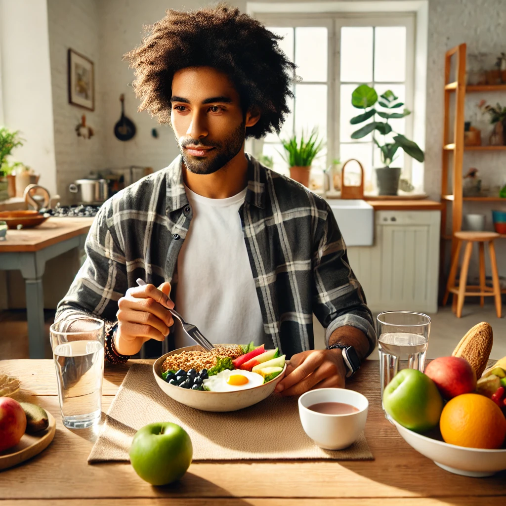A diverse social worker eating a healthy breakfast. The setting is bright and cozy, with nutritious food and elements that convey a sense of wellness and preparedness for the day.