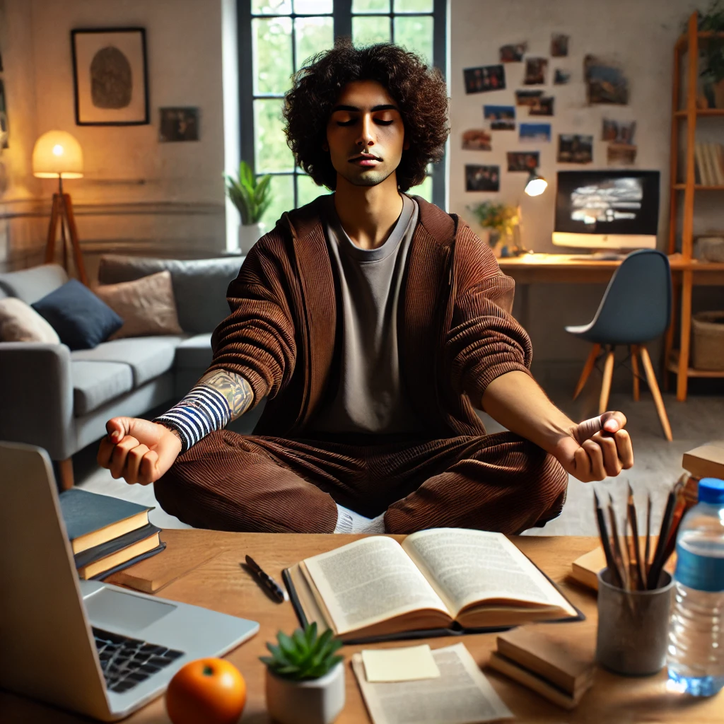 A diverse social worker in a cozy study environment, demonstrating mental stamina. The scene showcases focus, calmness, and a comfortable setting perfect for studying.