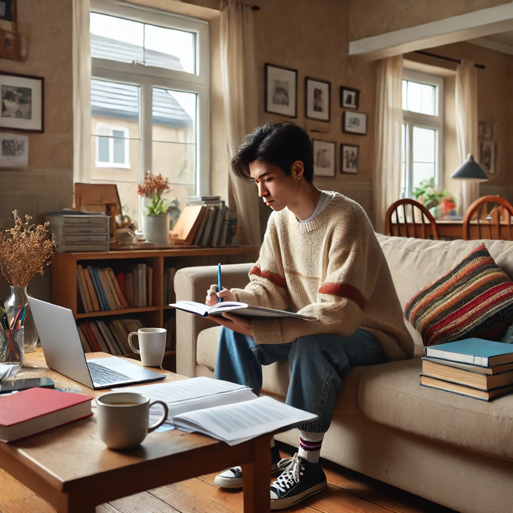 A diverse social worker studying for an exam in a cozy home environment. The scene features a comfortable living room with a sofa, a coffee table covered with books and notes, a laptop, and a cup of coffee. The social worker is sitting on the sofa, focused and engaged with their study materials. The room is warmly lit, with personal touches like family photos and a blanket on the sofa, creating a relaxing atmosphere.