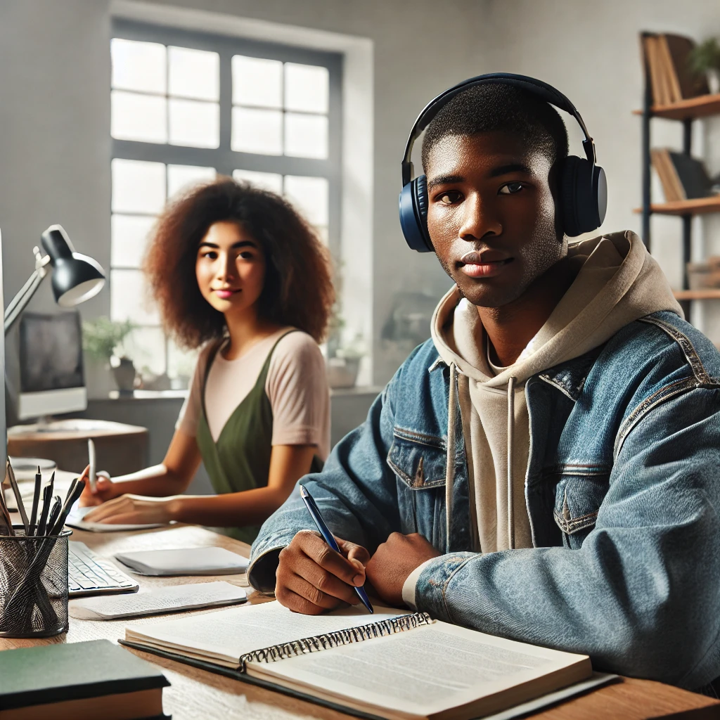 A social worker listening to a podcast while preparing for an exam
