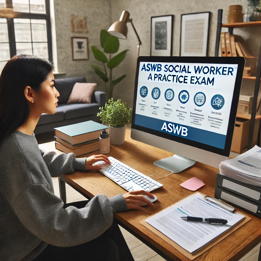A diverse social worker taking a practice exam on a computer. The scene highlights focus and preparation in a well-organized and comfortable setting.