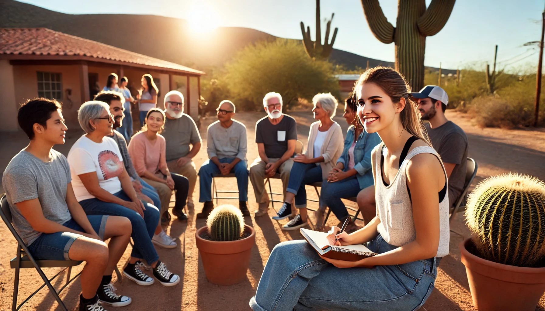 A female social worker meeting with the community outside in Arizona. The scene captures a sunny day with a desert landscape, reflecting a warm and friendly community interaction.