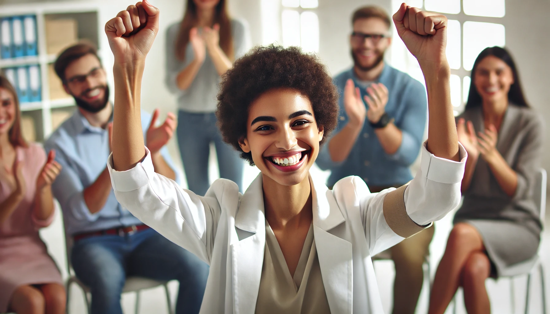A highly confident and diverse social worker celebrating, with others in the background clapping and smiling.