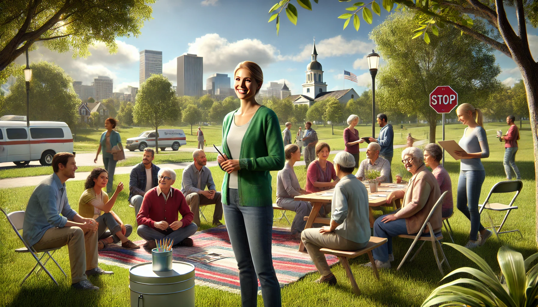 A social worker interacting with a diverse community in Iowa. The scene captures the essence of community engagement and the supportive environment provided by social workers.
