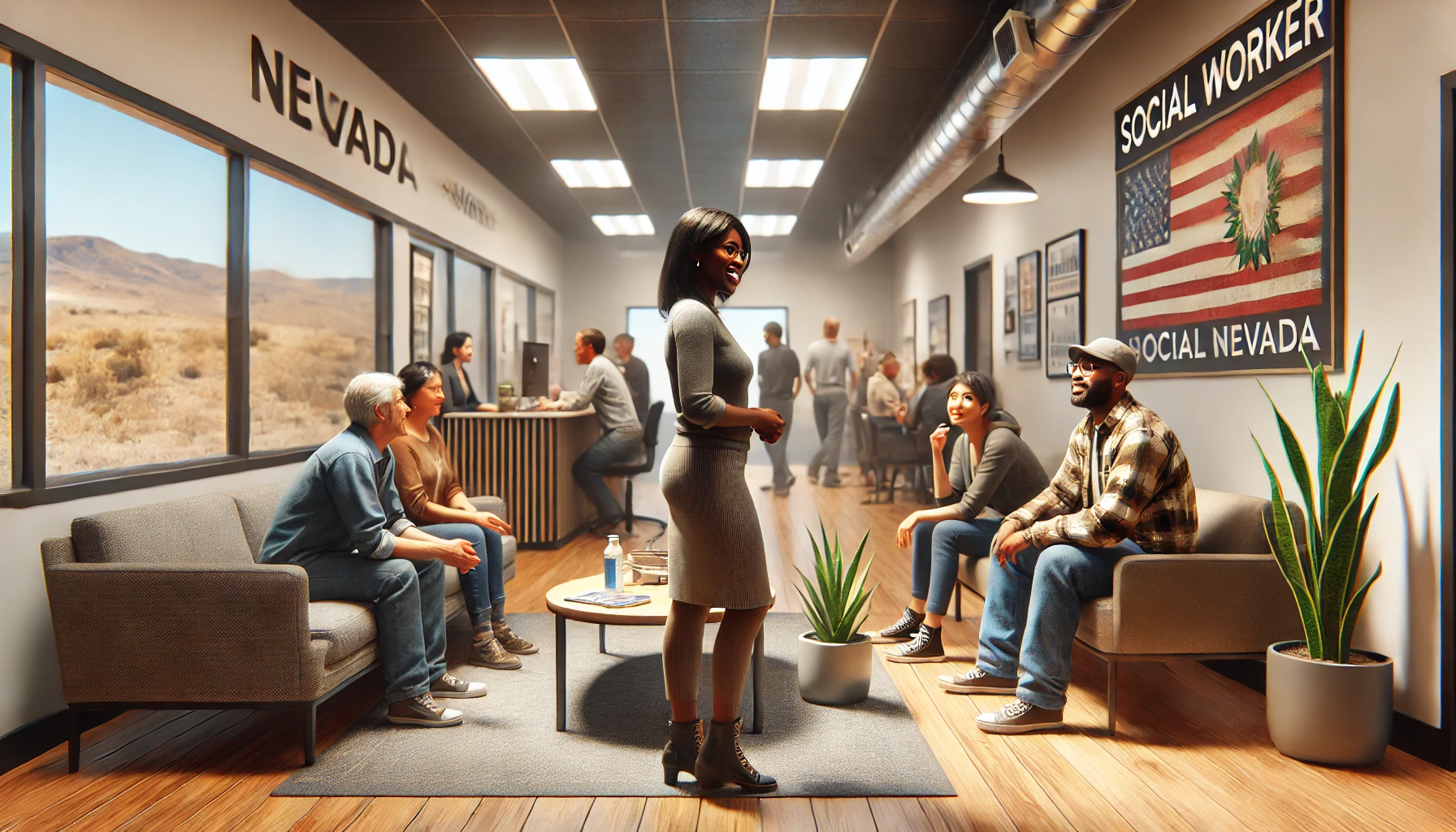 A photorealistic image of an indoor scene in Nevada featuring a Black female social worker interacting with a diverse group of people in a community center or office setting. The room is well-lit, with a warm and inviting atmosphere, showcasing materials related to social work on the walls. The environment is inclusive and supportive, with comfortable furniture and a professional yet casual ambiance.
