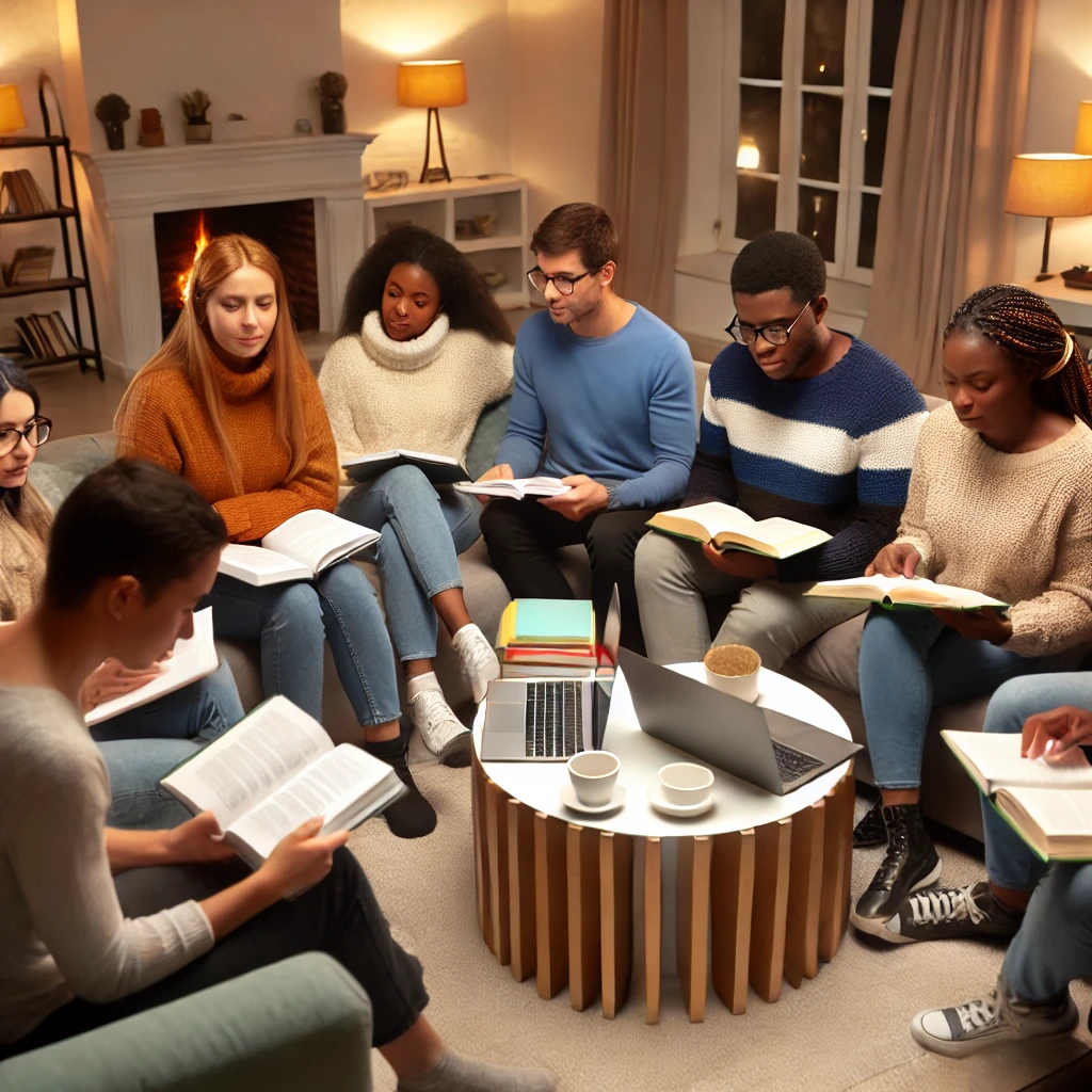 A small, diverse group of people studying together in a cozy environment. They capture the relaxed and supportive atmosphere of a collaborative study session.