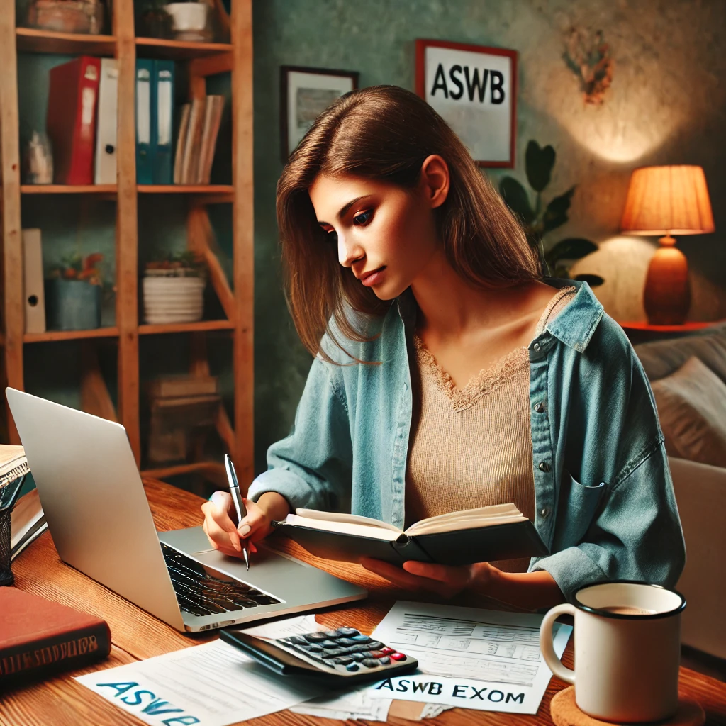 A social worker budgeting for her ASWB exam costs. The scene captures her focus and organization, reflecting her dedication to planning her finances effectively for the exam.