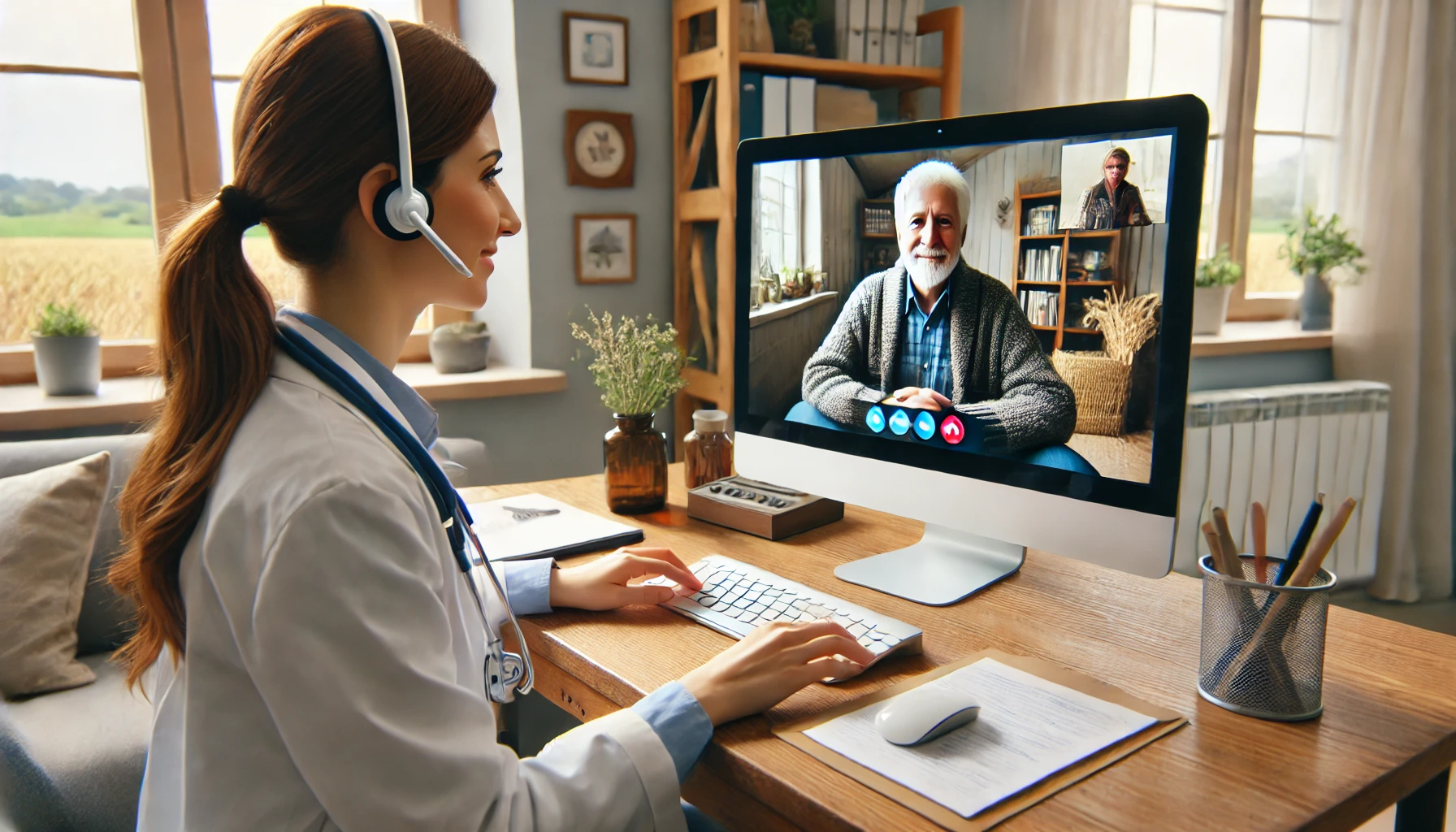 A social worker conducting a telehealth session with a client in a rural area. The visual showcases the accessibility of telehealth services, with the client participating from a rural home environment, emphasizing the reach and support these services provide to remote communities.