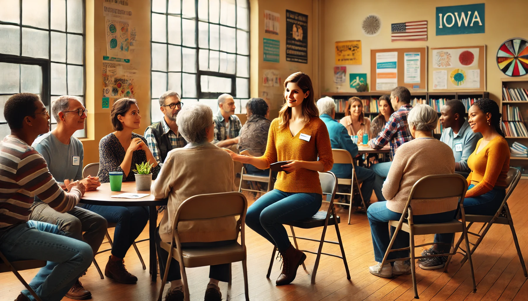 A social worker interacting with a diverse community in Iowa. The scene captures the essence of community engagement and the supportive environment provided by social workers.