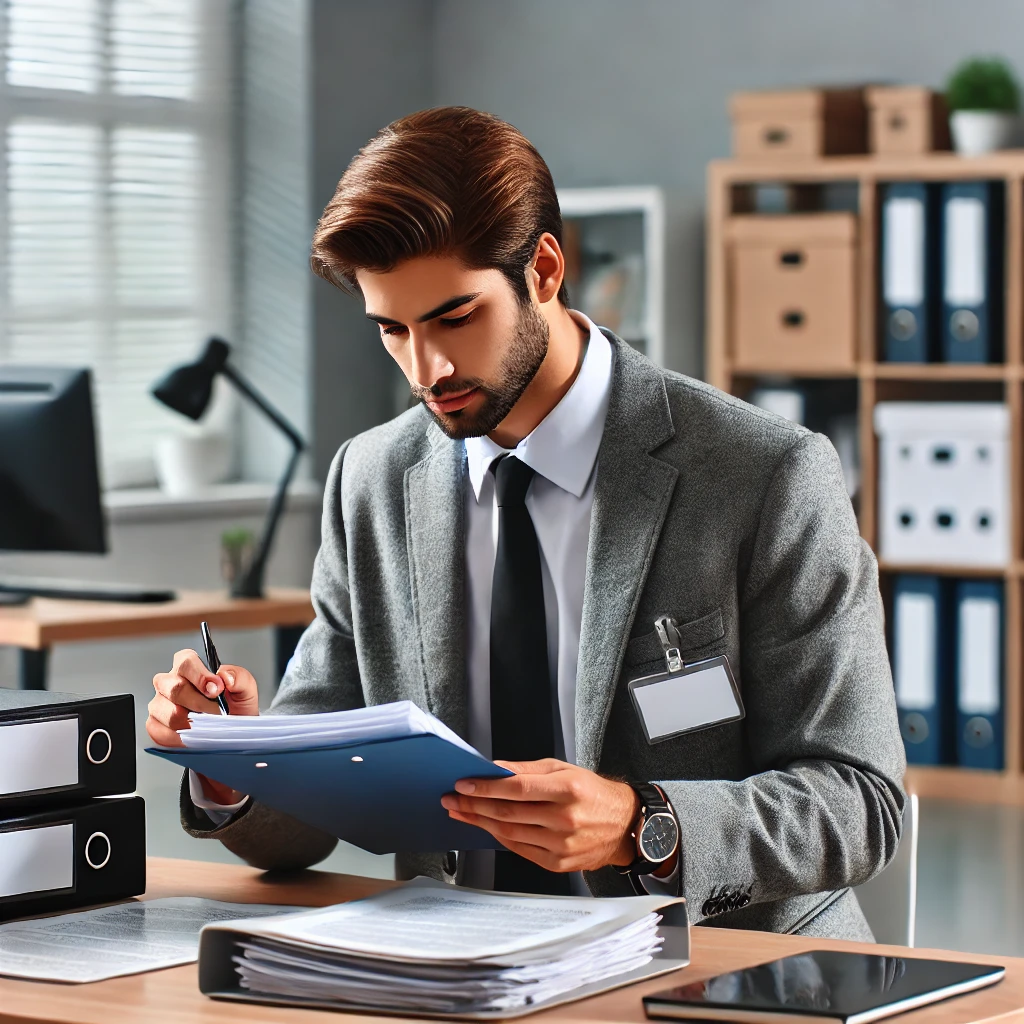 A social worker of diverse background gathering documentation to apply for a disability accommodation. The modern office setting, with the social worker focused on reviewing and organizing various documents, reflects the meticulous process of preparing for the application.