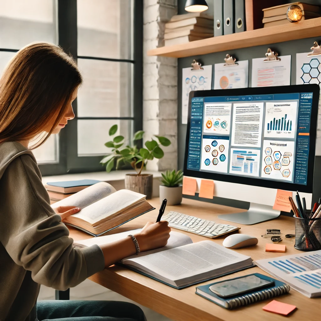 A social worker reviewing their study notes without any text. The scene is organized and well-lit, with a focus on concentration and preparation.