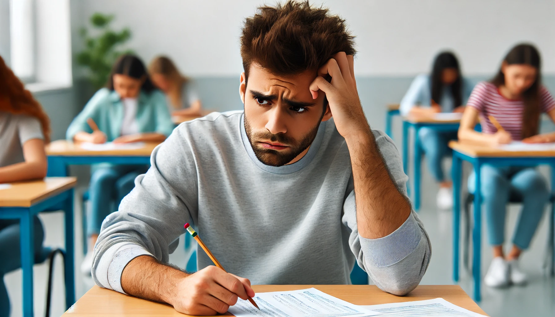 A social worker overthinking an exam question and looking frustrated.