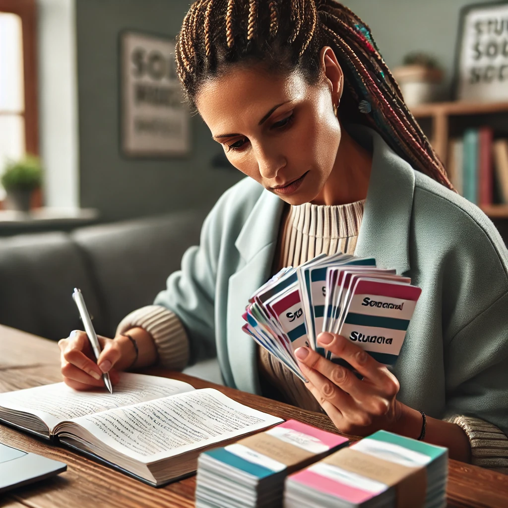 A social worker studying using flashcards. The scene captures the focus and dedication required for effective study sessions, with a well-organized desk and a conducive learning environment.